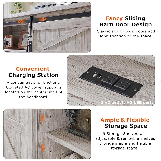 T4TREAM Farmhouse Queen Size Bed Frame w/Storage Bookcase Headboard, Sliding Barn Door, Charging Station, Rustic Wood Platform Bed w/Wood Slats Support, No Box Spring Needed, Antique Brush White