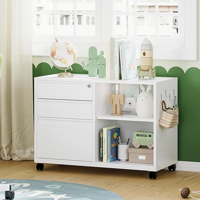 Letaya Mobile 3 Drawer File Cabinet with Lock-Metal Lateral Rolling Printer Stand Filing Cabinets for Home Office-Storage A4/F4/Letter (White)