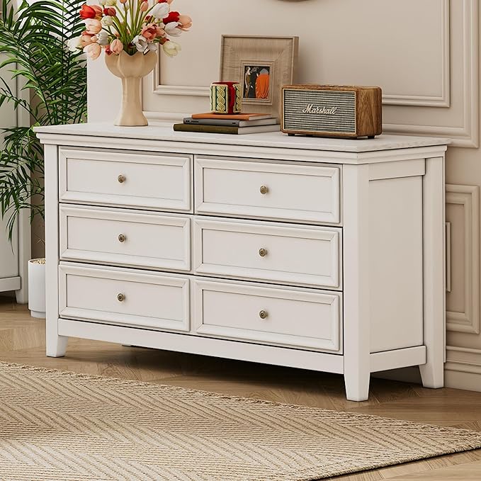 BLANKSPACE White 6 Drawer Dresser, Modern Dresser for Bedroom, Wood Drawer Organizer with Metal Knobs, Large Capacity Cabinet for Bedroom, Hallway