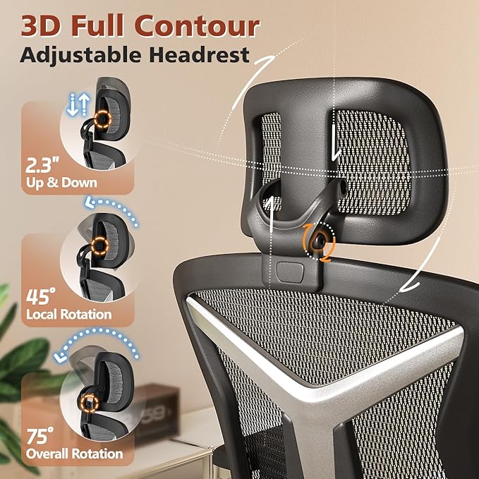Ergonomic Office Chair with Foot Rest, Home Mesh Desk Chair with Adjustable Lumbar Support, 3D Armrest, 3D Headrest, 90°-135° Lockable Reclining Function, Comfy High Back Swivel Computer Gaming Chairs