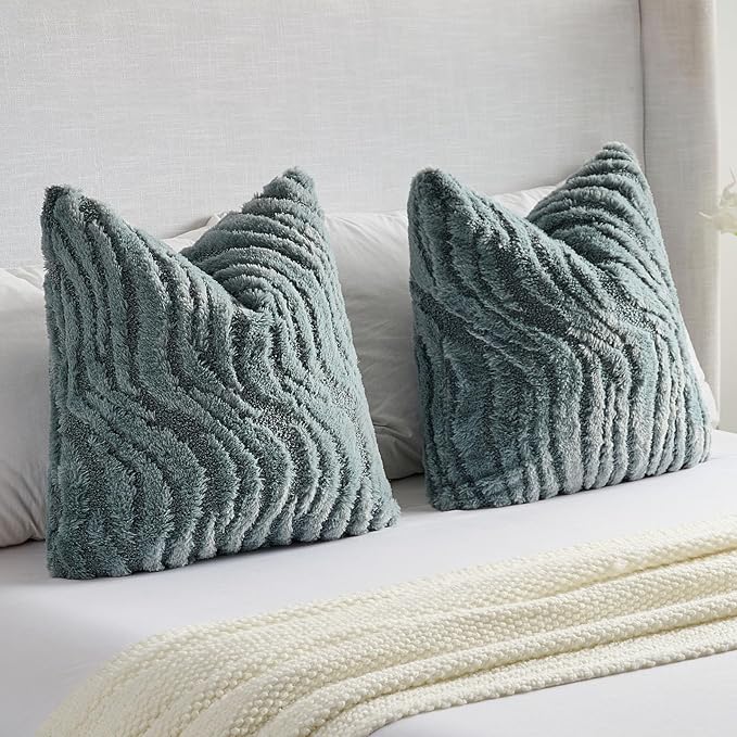 FUTEI Blue Decorative Throw Pillow Covers 12x20 Inch Set of 2,Soft Faux Fur Geometric Shapes Texture Pillowcase,Boho Home Decor for Couch Bed Living Room
