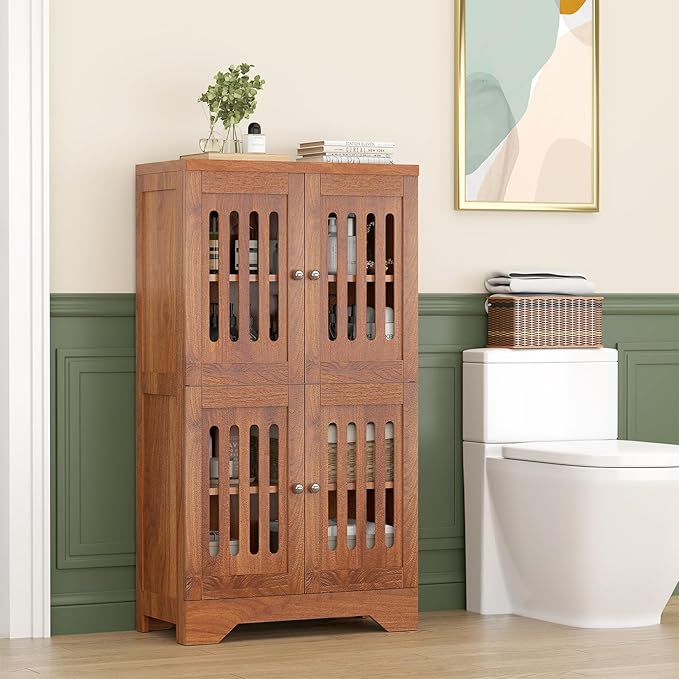 PARTPHONER Bathroom Floor Storage Cabinet with Cabinet Lights, Modern Storage Cabinet with 4 Doors and Adjustable Shelves, Buffer Hinges, Walnut Pantry Cabinet for Living Room & Kitchen
