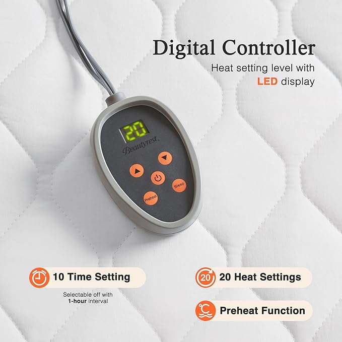 Beautyrest Cotton Heated Mattress Pad - Bed Warmer with 20 Heat Settings Controller, Auto Shut Off Timer, All Around Elastic Deep Pocket, UL Certified, Machine Washable, White Twin XL