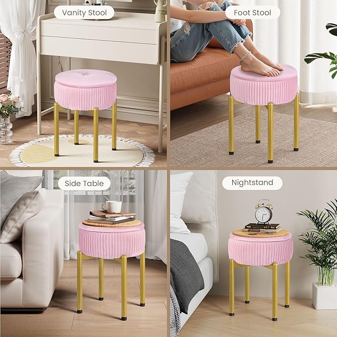 18-Inch Velvet Vanity Stool Chair with Storage, Vanity Bench with 4 Golden Metal Legs & Anti-Slip Adjustable Feet,Round Storage Ottoman Stool with Removable Soft Padded Seat, Pink