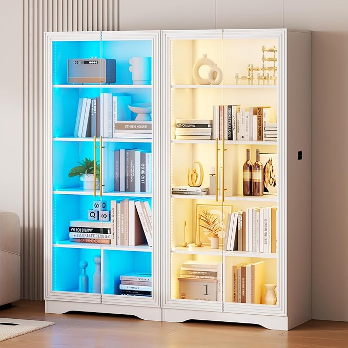 Vlsrka 65" File Cabinet, Filing Cabinets Fit Letter/A4 Size, Storage Cabinet with Doors & Lights, Tall File Bookcase with 2 Adjustable Shelves for Home Office, Living Room, White