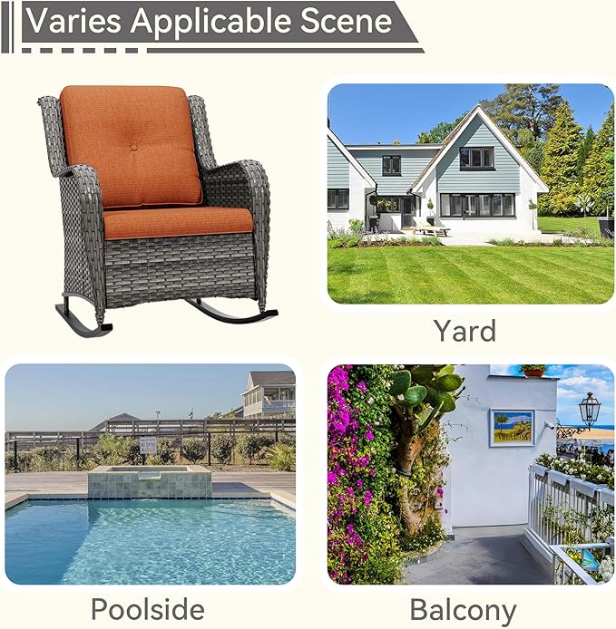 1 PC Outdoor Rocking Chair, Wicker Patio Rocker Chair for Yard, Porch, Mixed Brown Grey Rattan, Orange Cushions