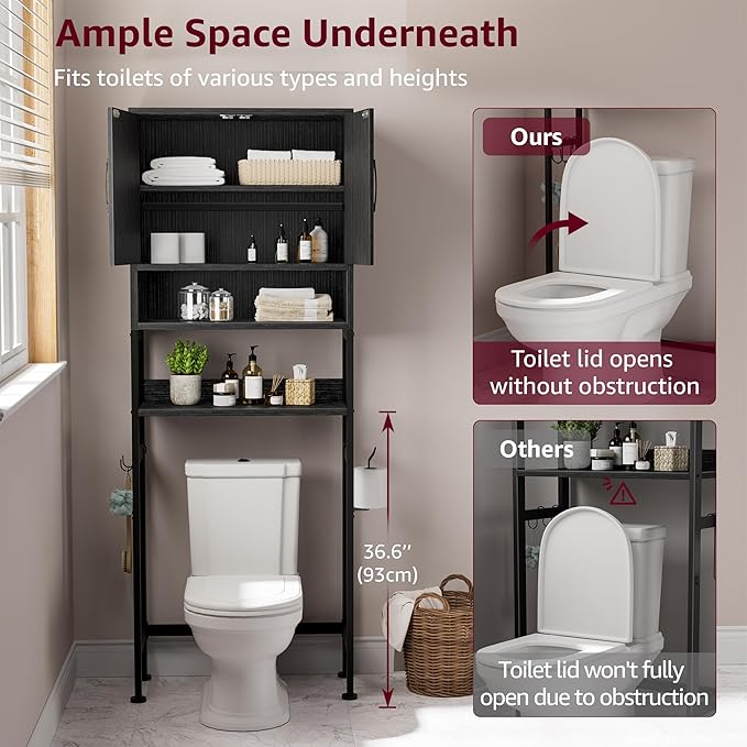 Over The Toilet Storage Cabinet - Bathroom Shelves Above Toilet Freestanding Organizer Shelf with Doors Narrow Floor Stand Rack Farmhouse Wood 71" Tall, Black