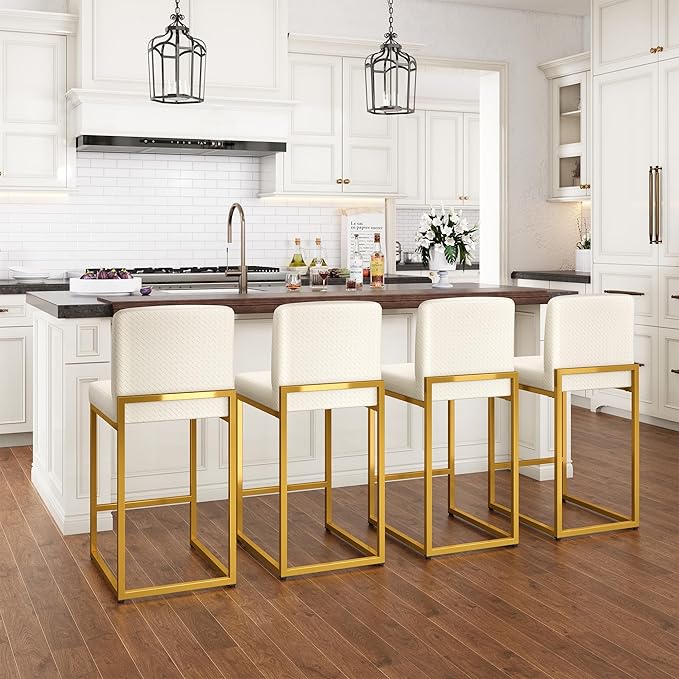 PHI VILLA Bar Stools Set of 3 - Counter Height Bar Stool Leather Stools for Kitchen Counter, White and Gold Bar Stools with Back