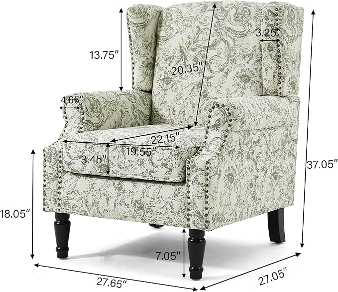 Lumibee High Back Accent Chair, Armchair in Fabric, Comfy Upholstered Wingback Single Sofa Reading Chair with Solid Wood Legs for Living Room,Bedroom,Office-Rococo Green
