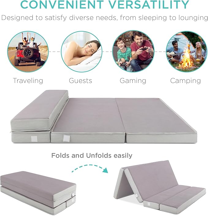 Best Choice Products 4in Portable Queen-Size Mattress, Tri-Fold Mattress for Camping, Guest, Toddler, Foam Plush w/Carry Case - Grey