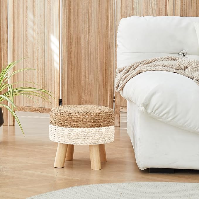 Round Ottoman, Natural Seagrass Footstool with 4 Wood Legs, Multifunctional Modern Dressing Stool and Sofa Side Table for Bedroom (White)