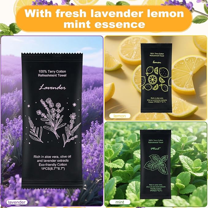 Moist Cotton Towel Bulk Moist Towelettes Individually Wrapped 8.7" x 8.7",White Towel Services,Refreshment Pre Moistened Towels Lavender,Lemon and Mint for Sport Party Spa(Pack of 300)
