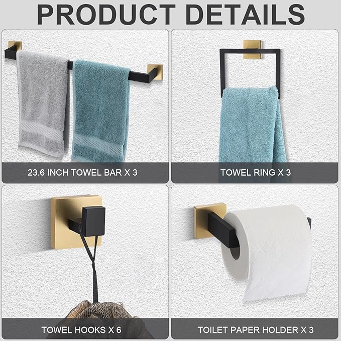 Gisafai 15 Pcs Bathroom Hardware Accessories Set 23.6 Inch Bath Towel Bar Kit Stainless Steel Bathroom Hardware Set Towel Racks Ring Hooks Paper Holder for Wall Mounted (Black Gold)