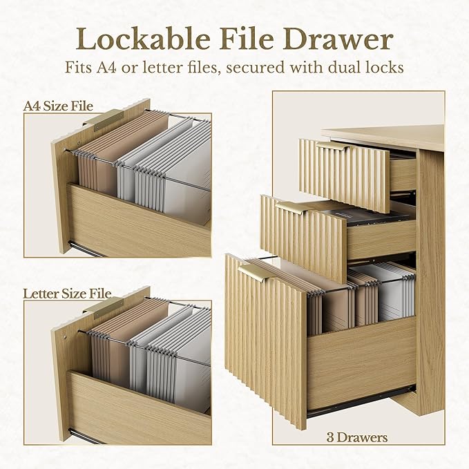 63 Inches L Shaped Standing Desk, Executive Standing Desk with Drawers and File Cabinet, AC/USB, 1.18" Desktop, Multi-sized Storage Cubby, Privacy Panel, Fluted Computer Desk, Light Walnut