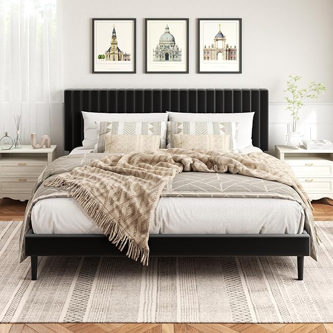 King Size Bed Frame, King Size Platform Bed Frame and Velvet Upholstered Headboard with Strong Wood Slats, Box Spring Optional, Mattress Foundation, Easy Assembly Black
