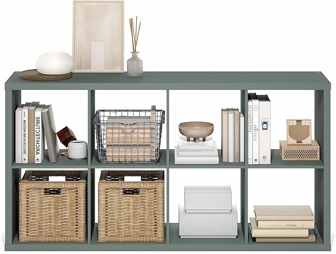 Furinno Cubicle Book Shelf, 8-Cube Thick Frame Bookshelf, Horizontally & Vertically Reversible Bookcase with Open Back, 14.6" x 30" x 57.9", for Living Room, Bedroom, Home Office, Sage Green