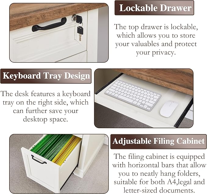 L-Shaped Executive Desk with Keyboard Tray, 69” Farmhouse Corner Desk with Lockable Drawers, Adjustable File Cabinet & Built-in Charging Station, Rustic Home Office Desk (69")