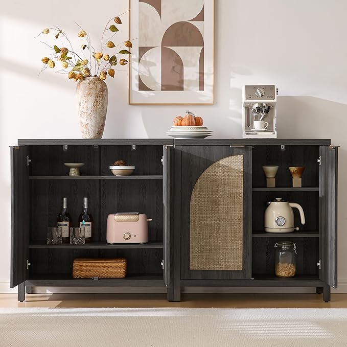 SICOTAS Rattan Sideboard Buffet Cabinet with Storage, Modern Credenza Storage Cabinet with Arch Doors & Adjustable Shelves, Coffee Bar Media Console Cabinets for Kitchen, Living Room, Black Oak