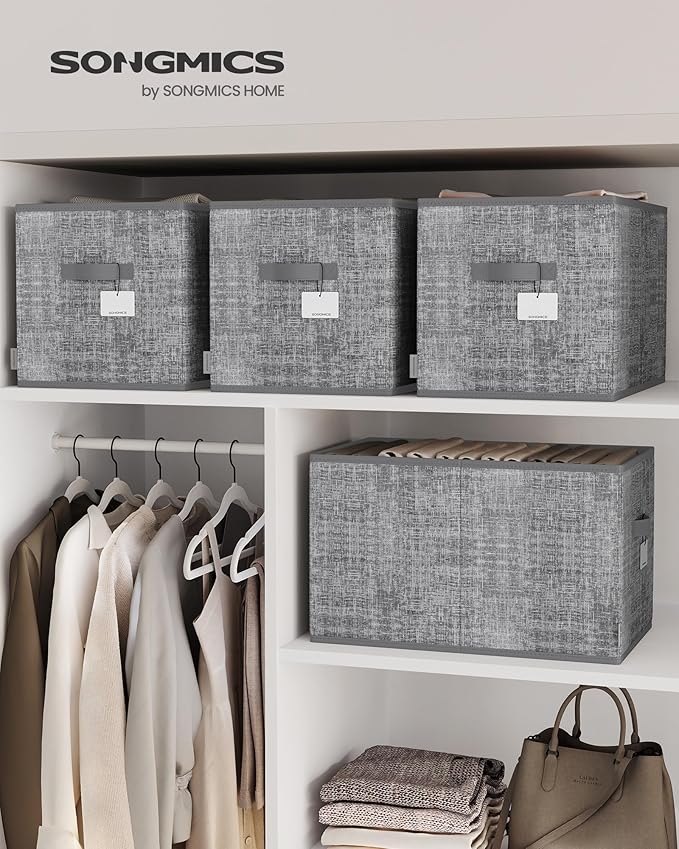 SONGMICS Storage Cubes, 19.7 x 11.8 x 11.8 Inches Non-Woven Fabric Bins with Double Handles, Set of 3, Closet Organizers for Shelves, Foldable, for Clothes, Cattail Gray UROB450G01