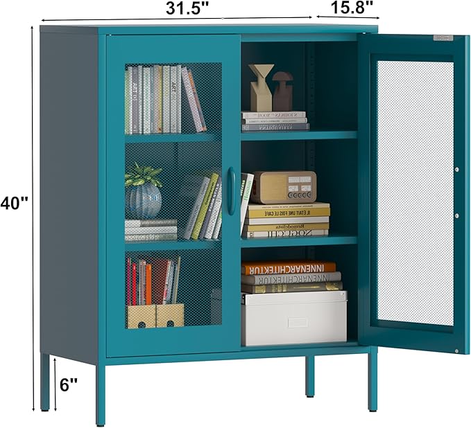 Blue Metal Storage Cabinet with Mesh Doors, Small Office Storage with 2 Adjustable Shelves, Accent Metal Locker for Home, Office, Living Room, Hallway