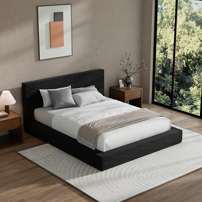 RECCI Cloud Upholstered Queen Bed Frame with Headboard, 5 Inch Foam Padded Platform, No Box Spring, Easy Assembly (Onyx)