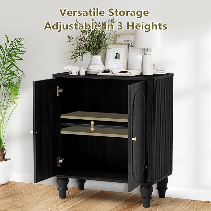 ORRD Fluted Storage Cabinet, Modern Credenza Wooden Accent Sideboard Buffet Cabinet with Adjustable Shelves and Solid Wood Legs, Console Table for Kitchen Dining Living Room Entryway, Black