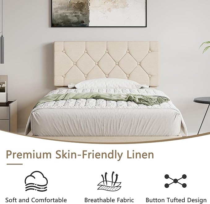 VECELO Twin Size Bed Frame with Button Tufted Headboard, Upholstered Platform Bedframe with Wood Slat Support, No Box Spring Needed, Cream Beige