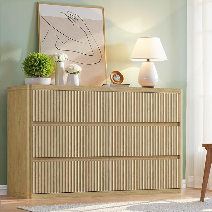Fluted Dresser with 6 Drawers for Bedroom, 48" Wide Wooden Chest of Drawers with Natural Curved Profile Design, Modern Dresser TV Stand, Wood Closet Clothes Storage Organizer