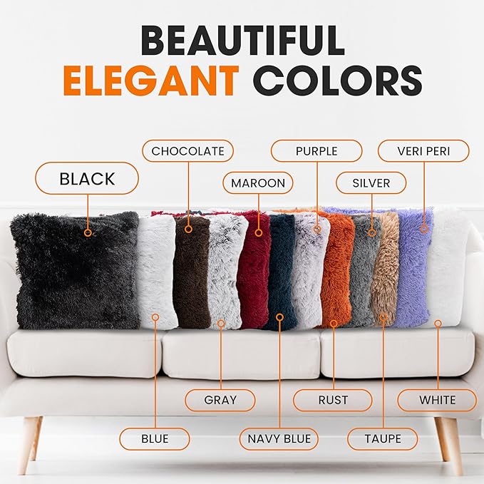 Cheer Collection Throw Pillows for Couch and Bed, Soft Shaggy Throw Pillows with Inserts Included, Cozy Long Hair Faux Fur Pillows - Set of 2-26" x 26" Black
