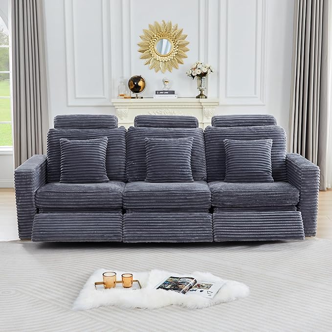 Power Reclining Sectional Sofa, Electric 3 Seat Recliner with 3 Electric Footrest and Adjustable Headrest, Modern Plush Corduroy Fluffy Reclining Sectional with Deep Seat for Living Room-Blue Grey