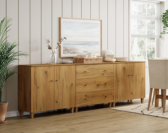WAMPAT Sideboards Buffet Cabinet, 3-in-1 Wood Wide Credenza Storage Cabinet with 4 Doors and 3 Drawers, Modern Kitchen Coffee Bar Table with Storage for Living Room Dining Room, Oak Brown