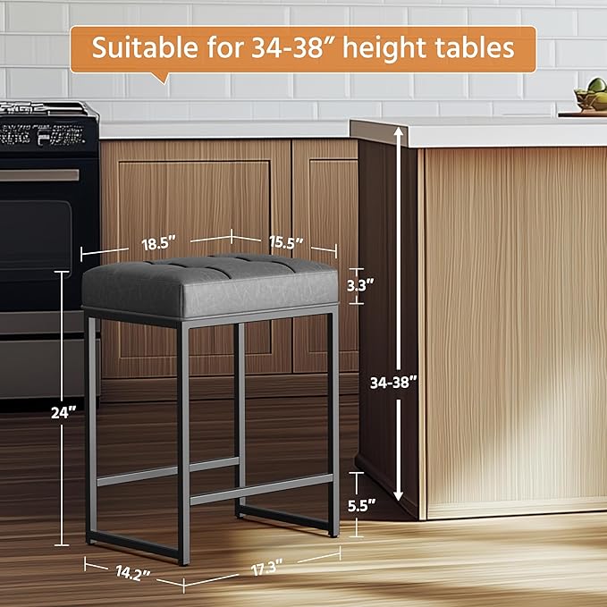 Yaheetech Barstools Set of 4, Counter Height Bar Stools, Kitchen Counter Bar Chairs, 24" Leather Bar Stools for Kitchen Island, Dining Room, Grey