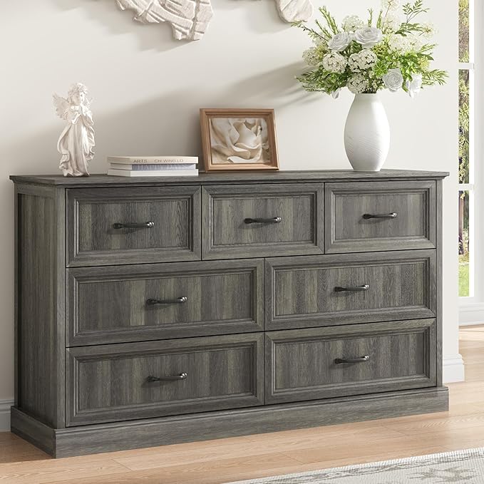 Farmhouse 7 Drawer Dresser for Bedroom, 55 Inch Wide Modern Grey Dresser TV Stand with Large Drawers & Bar Handles, Rustic Wood Chest of Drawers for Bedroom, Living Room