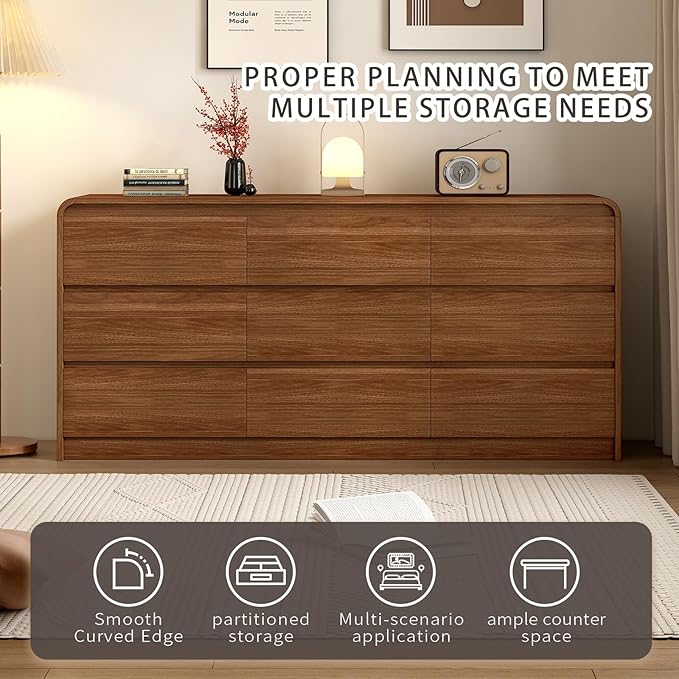 9 Drawer Dresser For Bedroom 63 Inch Wooded Chest of Drawers - Curved Anti Collision, Mid Century Dresser For Closet with Natural Texture & Pre-Embedded Slots for TV Stand, Living Room, Hallway