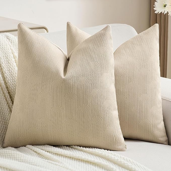FUTEI Oatmeal Chenille Decorative Throw Pillow Covers 18x18 Inch Set of 2,Soft Cozy Striped Geometric Patterns Cushion Case,Modern Home Decor for Couch Bed Living Room
