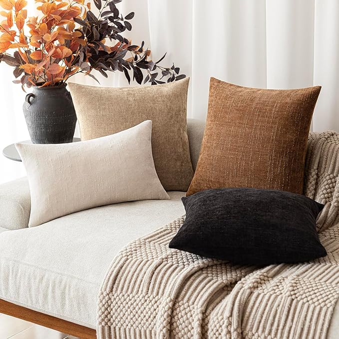 Foindtower Pack of 2 Textured Chenille Throw Decorative Pillow Covers Square Accent Solid Cushion Cover Neutral Farmhouse Pillow Case for Couch Sofa Bedroom Living Room 22x22 Inch,Taupe Khaki Camel