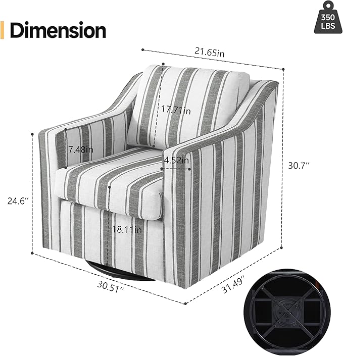 Pia Ricco 360° Swivel Accent Chair, Oversized Modern Striped Fabric Armchair with Removable Cover for Living Room and Reception