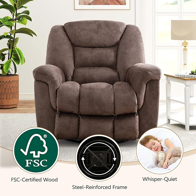 ANJ 2PCS Oversized Rocker Recliner Chairs Set, Manual 360° Swivel Recliners, Comfy Glider Rocking Chairs for Big Man, Extra Wide Overstuffed Reclining Chairs with Side Pocket for Living Room, Camel