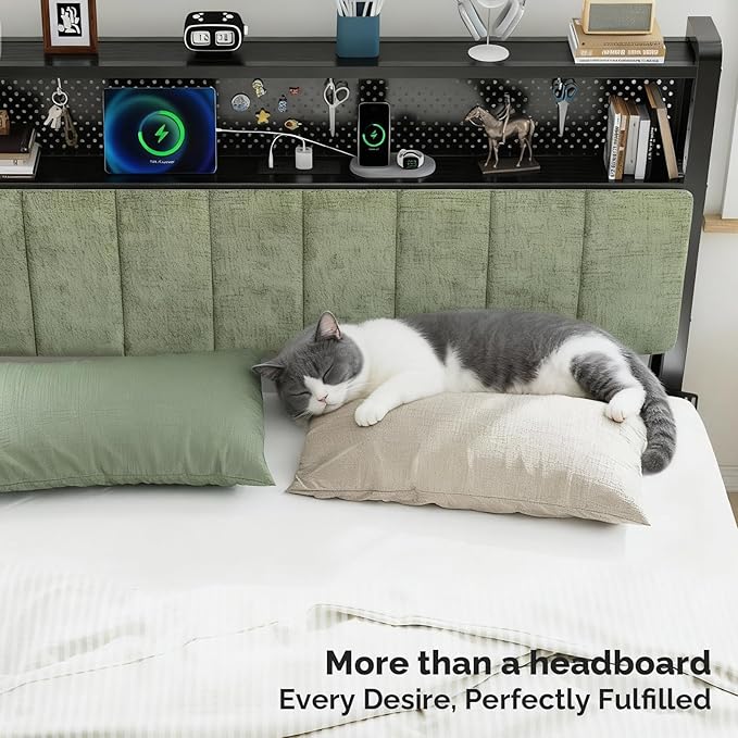 VINGLI Twin or Twin XL Size Headboard, Adjustable Upholstered Headboard with 2 Tier Shelves and Pegboard with Charging Stations and LED Lights, Modern Bed Headboard with Storage for Bedroom Decor