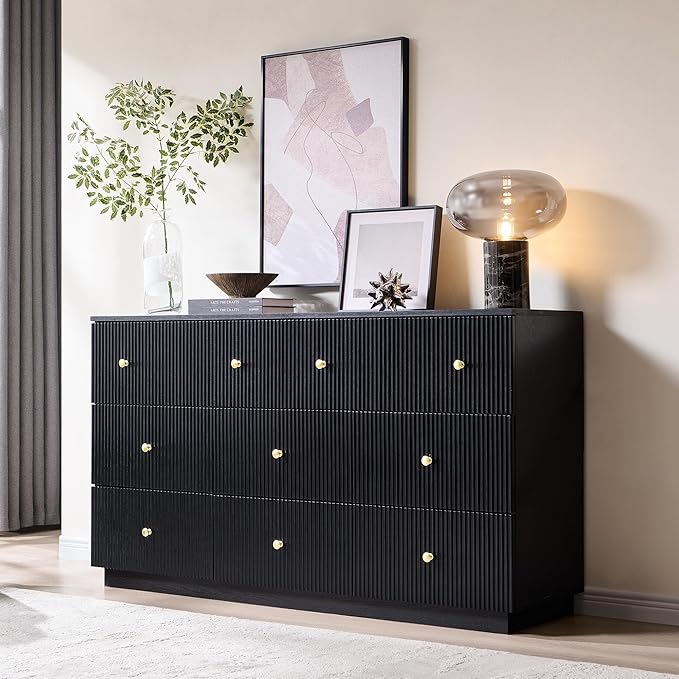 Fluted Dresser for bedroom, 55"W Black 8 Drawer Dressers, Wood Tall Dresser Storage Organizer, Modern Bedroom Chest of Drawers with Deep Storage for Closet Hallway, Entryway, Living Room Black