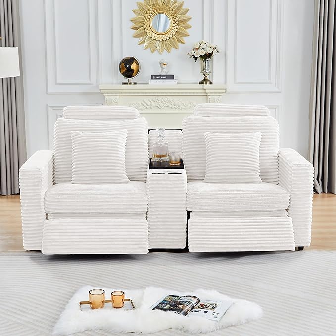 ORRD Multifunctional Storage Console with Dual Cup Holders, Table, USB Charging Station for Modular Sectional Sofa for Living Room-White