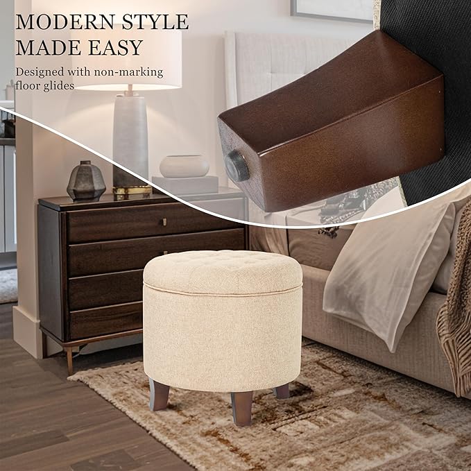 Homepop Home Decor Upholstered Round Tufted Foot Rest Ottoman Ottoman with Storage for Living Room & Bedroom Decorative Home Furniture, Twine Small