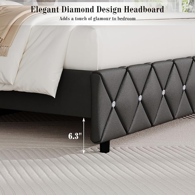 BarnFurin Full Bed Frame with Diamond Tufted Headboard, Faux Leather Upholstered Bed with Wooden Slats Support, No Box Spring Needed, Mattress Foundation, Easy Assembly, Gray