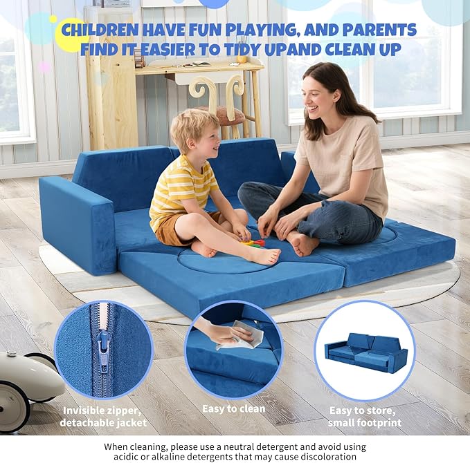 15 Pcs Modular Kids Play Couch, Toddler Couches That Fold Out, Plush Foam Chair for Children’s Playroom, Velvet Fabric Convertible Foam and Floor Cushion for Boys and Girls (Blue,27)