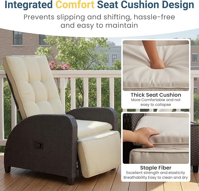 Outdoor Patio Recliner with Independently Adjustable Backrest and Footrest, All-Weather Wicker Patio Chair with Side Table, 160° Lay Flat Patio Reclining Lounge Chair for Backyard Garden, Beige