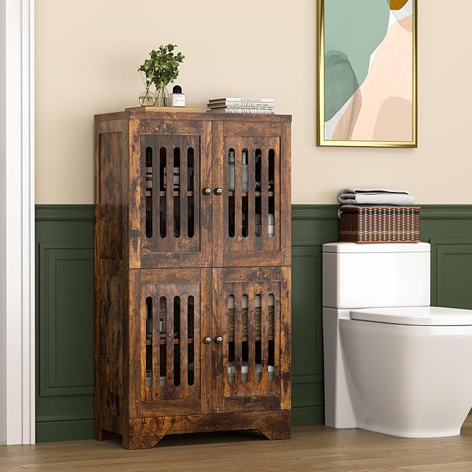 PARTPHONER Bathroom Floor Storage Cabinet with Cabinet Lights, Modern Storage Cabinet with 4 Doors and Adjustable Shelves, Buffer Hinges, Brown Pantry Cabinet for Living Room & Kitchen