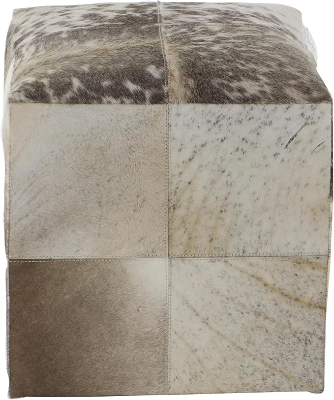 Deco 79 Leather Handmade Living Room Stool Cowhide Patchwork Ottoman, Foot Stool 16" x 16" x 16", Gray