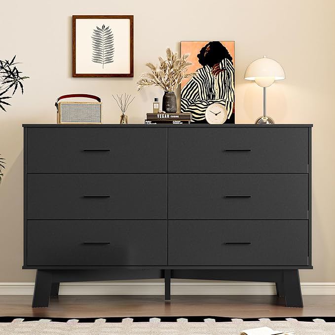 Dresser for Bedroom with 6-Drawer, 47.2" Modern Chest of Drawers with Metal Handles, X-Shape Base & Adjustable Center Leg, Anti-Tip Closet Organizers and Storage