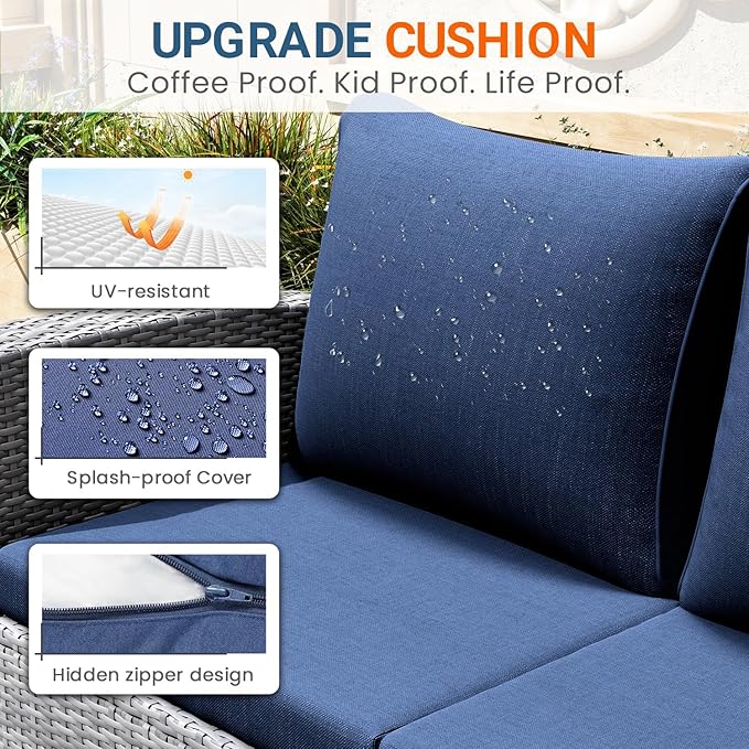 Wisteria Lane 4 Piece Patio Furniture Set, Wicker Outdoor Patio Conversation Furniture Set, All Weather Outdoor Patio Sofa with Cushion and Glass Table, Dark Blue