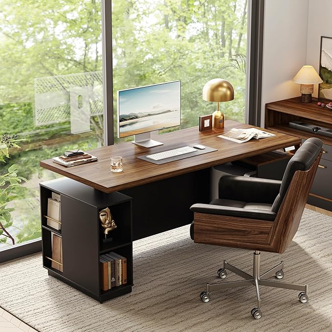 71" Standing Executive Desk with Privacy Panel, Large One-Piece Electric Height Adjustable Stand Up Desk with Charging Station, File Cabinet Storage, Home and Office, Black Walnut